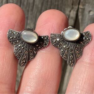 Vintage D&J Sterling Silver Art Deco Marcasite Clip On Earrings